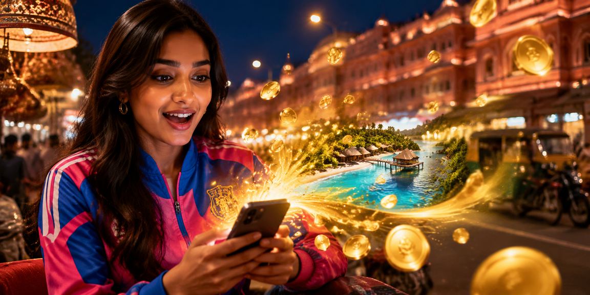 Model enjoying Aviator on mobile amid Jaipur cityscape
