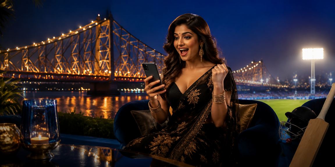 Modern mobile cricket betting in Kolkata under blue and gold lights